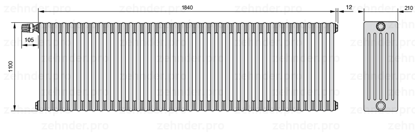 Схема (чертеж) Радиатор Zehnder Charleston 6110/40 №V012 Белый глянцевый RAL 9016